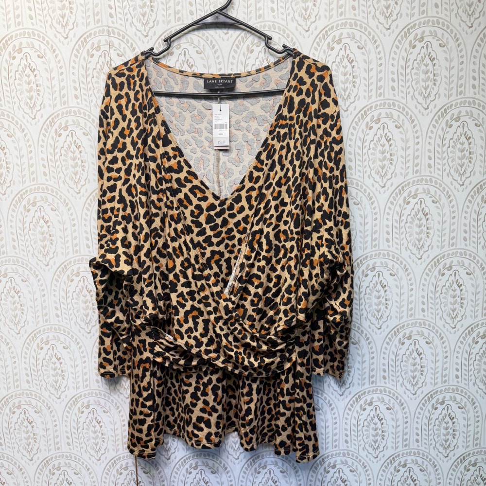 Lane Bryant Swing Top Women 22/24 Leopard Print Twist Front V-Neck Long Sleeve